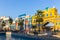 Colorful pavilion buildings in Global Village amusement park in Dubai, Kingdom of Saudi Arabia KSA, Morocco and Iran Pavilions