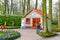 Colorful Pavillion and flower tulips blossom in dutch park Keukenhof, Lisse, Holland