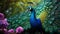Colorful Peacock In A Wood: Hyperrealistic Wallpaper With Flowers