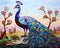 Colorful peacocks with multicolor glass are in a mosc background wall art.