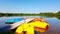 Colorful pedal boats on the boat dock