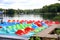 Colorful pedal boats on GalvÃ© Lake, Trakai Castle, Vilnius, Lithuania