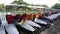 Colorful pedal boats parked