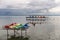 Colorful Pedalos at the Balaton Lake, Siofok, Hungary. Dramatic cloudy sky as background. End of touris season