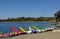 Colorful pedalos at the Playa de Orellana near Badajoz - Spain