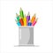 Colorful pencils in holder basket, drawing equipment in a gray office organizer metal box.