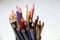 Colorful Pencils on white background, stationery art material for students. pencil sketch pen. selective focus on object backgroun