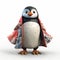 Colorful Penguin In Red Coat 3d Render Cartoon With Elaborate Kimono