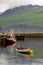 A colorful perspective of fishing boats in the port of DjÃºpivogur with mountains and the fiord of BerufjÃ¶rÃ°ur in the background