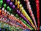 Colorful perspective and look up view of Thai Lanna style lanterns to hang in front of the temple on night time