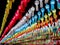 Colorful perspective and look up view of Thai Lanna style lanterns to hang in front of the temple on night time