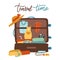 Colorful pet traveling concept with cat sitting in open bag, suitcase. Flat vector illustration with lettering Travel time