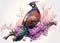 Colorful pheasant, exotic bird portrait on blooming twig, digital watercolor painting, floral background