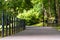Colorful Photo of the Road in a Park, Between Woods - with the Chain Fence on the Side of it and Blurred Park Benches in the