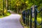 Colorful Photo of the Road in a Park, Between Woods - Closeup view of the Chain Fence with Blurred Background with Space for Text