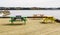 Colorful Picnic Benches on Wood Dock