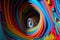 a colorful picture of a person\\\'s eye in a colorful tunnel of paper art by a photographer with a camera