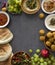 Colorful picture of traditional Israeli food on a table