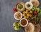 Colorful picture of traditional Israeli food on a table