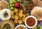 Colorful picture of traditional Israeli food on a table