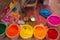 Colorful piles of powdered dyes used for Holi festival in India