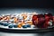 Colorful pills and tablets on black background. Focus on foreground, shallow DOF, Prescription opioids with many bottles of pills