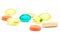 Colorful pills on white background. Capsule and pill set for healing. Pharmacology concept. Medication for coronavirus