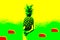 Colorful pineapple is holding a hand. Modern concept, pop art. Green and yellow colors. Summer mood, party concept