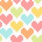 Colorful pink blue green and yellow simple cute cross stitch hearts on white canvas seamless pattern, vector