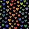 Colorful pink blue green and yellow simple cute striped hearts on black seamless pattern, valentine`s day illustration