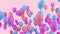 Colorful pink, blue and purple balloons fly up on pastel background.