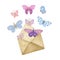 Colorful pink, blue, violet butterflies flying out of beige open vintage envelope, watercolor illustration of hand drawn insects