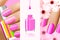 Colorful pink collection of nail designs for summer and spring. Vector 3d illustration. Nailpolish lacquer ads, nail