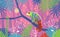 Colorful pink illustration with chameleon lizard sitting on a branch in tropical jungle. Surrounded by imaginary plants