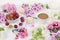 Colorful pink phlox flowers, cups of coffee, fruits and marshmallows on a light table, top view, flat lay, selective focus. Pink