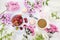 Colorful pink phlox flowers, cups of coffee, fruits and marshmallows on a light table, top view, flat lay, selective focus. Pink