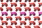 Colorful pink red plastic dump truck,tip lorry,car toy isolated on white background asymmetric seamless pattern,mockup, template,