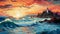 Colorful Pixel-art Illustration Of Sunset Island With Waves