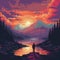 Colorful Pixel Art Print Of Man Walking Along Lake At Sunset