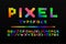 Colorful pixel font - video game style. Trendy english alphabet. Latin letters and numbers - holographic gradient design