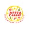 Colorful pizza shape with sausage and vegetables logo creative design with premium quality text. Pizzeria badge. Flat