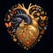Colorful, plants, butterflies and a human heart arranged in the shape of a heart on a black dark backg. Heart as a symbol of