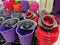 Colorful plastic buckets for menagerie