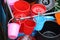 Colorful plastic made bowl and buckets selling on local market.