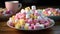 A colorful plate of marshmallows in different shapes and sizes