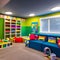 A colorful playroom with a chalkboard wall and plenty of storage1, Generative AI