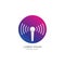 Colorful podcast logo design template. Microphone icon illustration with signal wave and ellipse shape behind. Magenta, Purple,