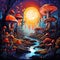 colorful poisonous hallucinogenic mushrooms fly agarics amanita toadstool in fabulous fairy tale forest at night