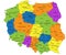 Colorful Poland political map with clearly labeled, separated layers.