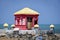 Colorful police outpost at lands end on South East boundary of India at Dhanushkodi. Text in local language is the translation of